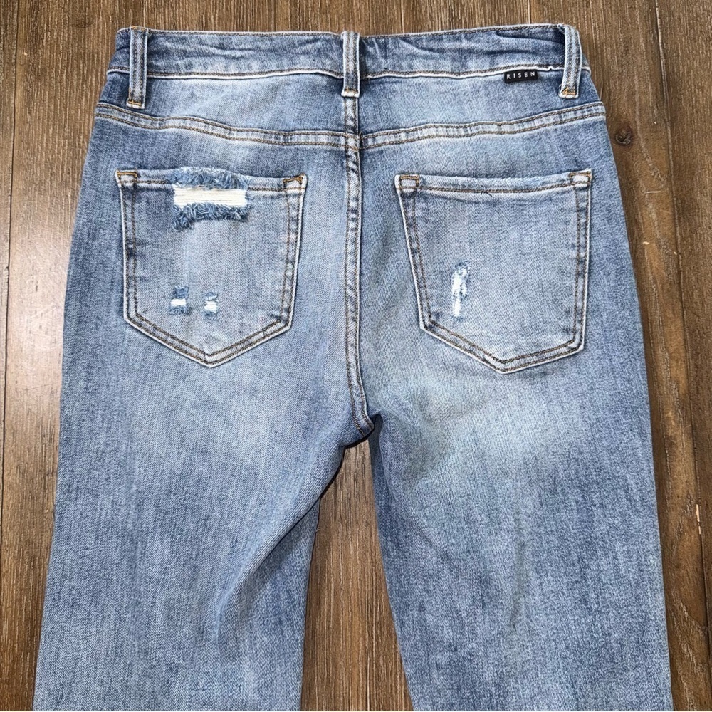 Risen High Rise Flare Jeans Frayed Hem Blue - Picture 10 of 11